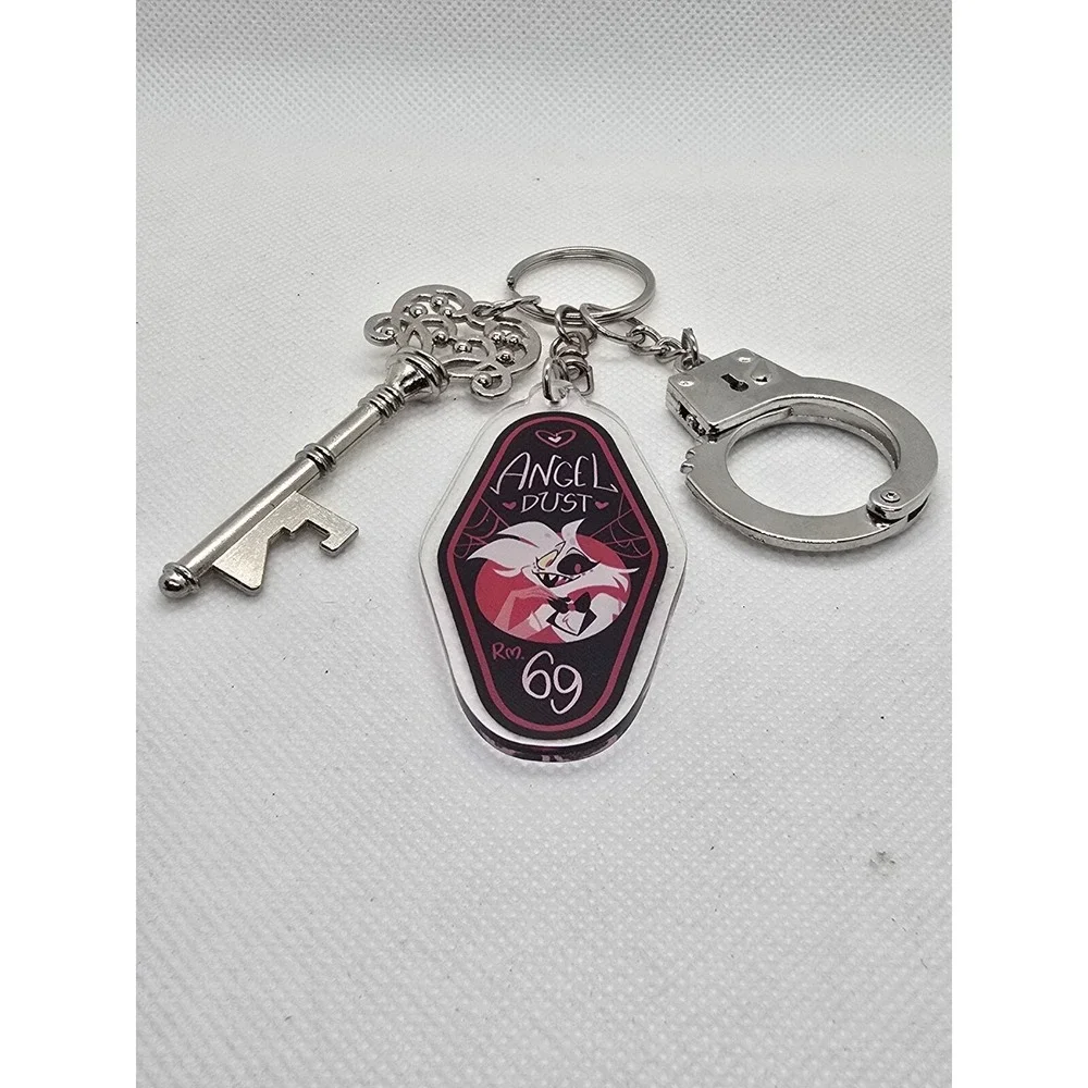 Angel Dust Hazbin Hotel Keychain,  with bottle opener key, and handcuff HANDMADE